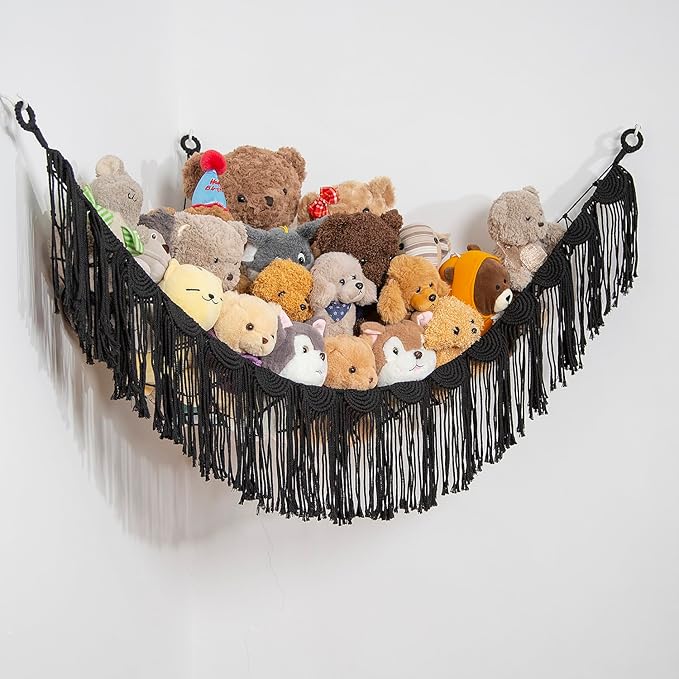 Stuffed Animal Hammock Corner Hanging Net for Toy Organizer Playroom Stuffed Animal Toy Hammock Macraem Toy Display Plush Toy Holder for Bedroom (Black)