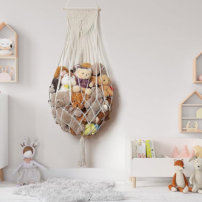 Stuffed Animal Net or Hammock Wall Hanging Net Over Door Organizer for Stuffies Plush Toy Storage Boho Macrame Toy Display Nursery Bedroom Decor Stuffy Animal Toy Organizer (Cream)