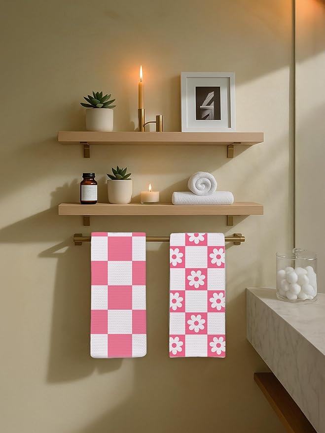 2 Pack Pink Checkered Floral Hand Towels for Bathroom - Cute Colorful Daisy Dish Tea Towels for Kitchen, Cottagecore Decorative Hand Towels for Guest Bathroom, Housewarming Gift Idea 309