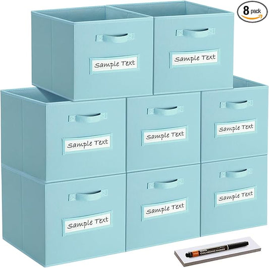 artsdi Fabric storage cubes (8 Pack) 11 Inch Cube Storage Bin, cube organizer bins with 8 Labels Window Cards & a Pen, Foldable cube organizer bins and Fabric Storage Box, Sky Blue