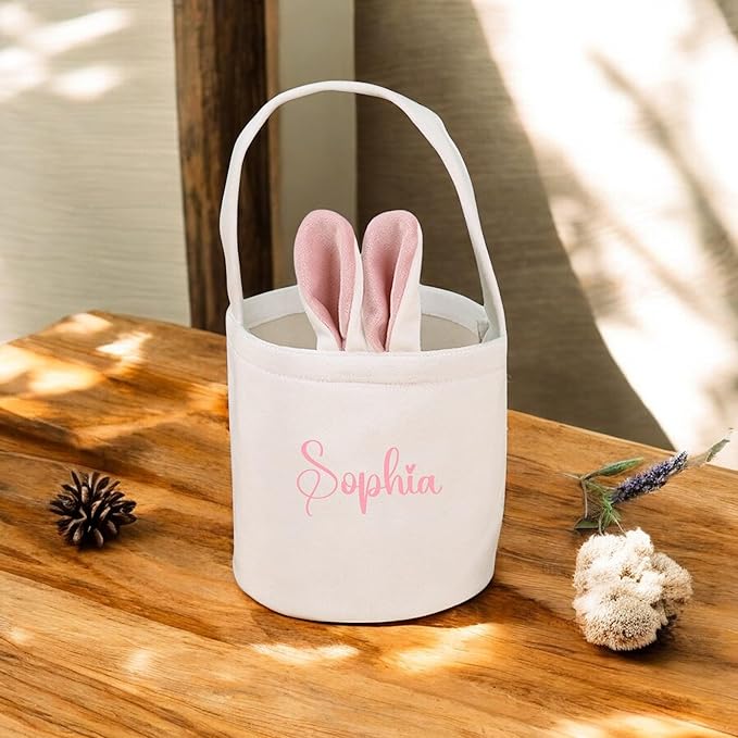 Custom Name Easter Tote Basket Cute Solid Colour Bunny Ears Basket Personalised Easter Bunny Bucket