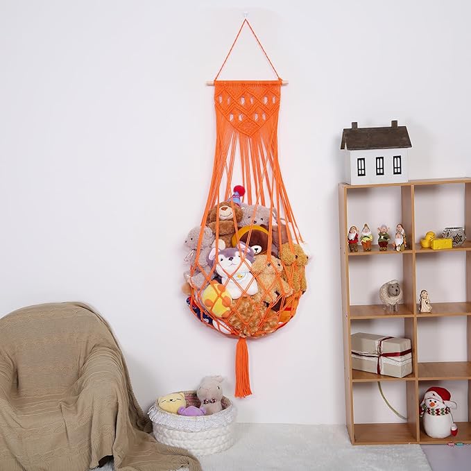 Stuffed Animal Hammock Wall Hanging Net for Stuffed Animal Net Stuffed Animal Storage Plush Toy Holder Toy Organizer for Boho Kidroom Nursery (Orange Color)