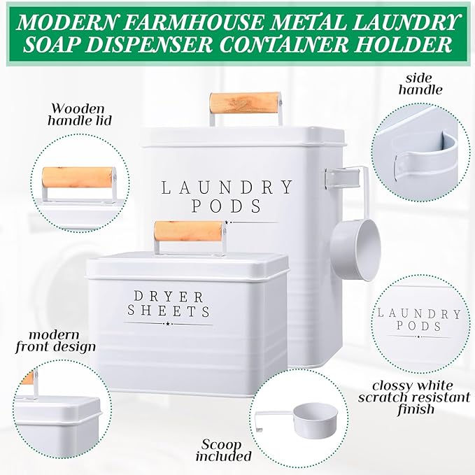 2 Pcs Laundry Pod Container with Dryer Sheet Holder Farmhouse Laundry Room Decor Organization and Storage Detergent Container Box with Lid Handle Metal Dryer Sheet Dispenser(White)