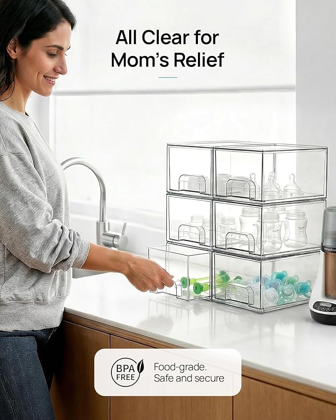 Vtopmart 4 Pack Small Clear Stackable Storage Drawers,Acrylic Bathroom Makeup Organizer,Plastic Storage Bins For Vanity, Undersink, Kitchen Cabinets, Pantry, Home Organization