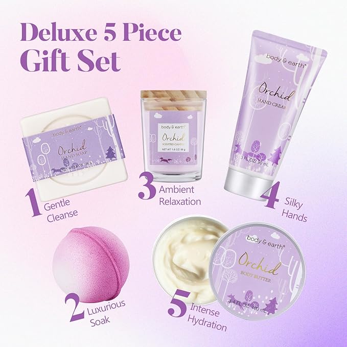Spa Gifts for Women, Body & Earth 5 Pcs Gifts for Women Orchid Gift Sets, Bath and Body Womens Bath Gifts, Valentine‘s Day Gift