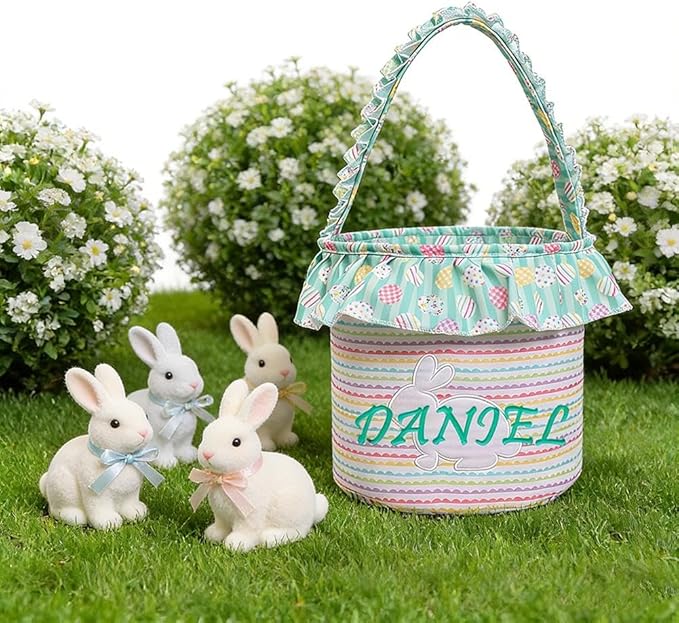 Personalized Easter Basket with Name for Kids Custom Embroidered Floral Bunny Egg Hunt Bag for Boys Girls Gingham Canvas Storage Bucket Cotton Rabbit Party Tote, Nursery Decor Storage Pouch