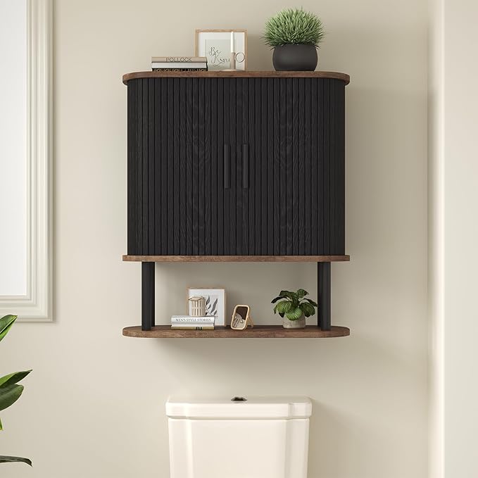 Bathroom Wall Cabinet, Over The Toilet Cabinet with Sliding Doors and Adjustable Shelf, Space Saver, Wall Mounted Medicine Cabinet for Laundry Room & Kitchen & Living Room, Black