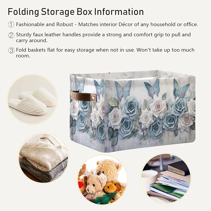 YETTASBIN Rose Butterfly Storage Basket 1pc, Large Collapsible Toys Clothes Organizer, Durable Canvas Storage Bin with Handle for Shelves Closet Laundry Home Office Decor
