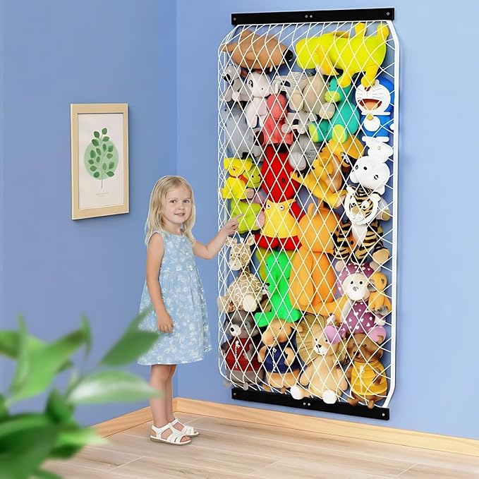 Stuffed Animal Storage Net, Elastic Stuffed Toy Holder,Door/Wall Mount Length Adjustable Hanging Soft Toy Organizer, Plushie Net for Nursery Play Room-Black Boards