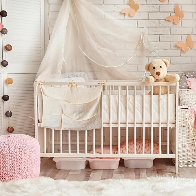 Cotton Baby Bedside Hanging Storage Bag 6 Pockets Bedside Caddy Organizer for Baby Cribs and Toys Milk Bottle Nursery Hanging Organizers, Beige