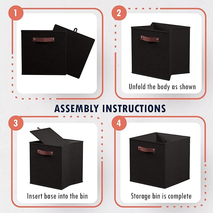 Ornavo Home 11 x 11 Storage Cube Bins, Foldable Collapsible Fabric Storage Bins Box Linen Shelf Basket Cube Organizer for Closet with Leather Handles, 6 Pack, Black