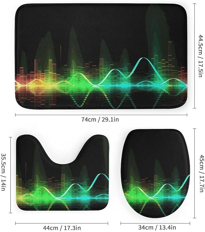 4 Piece Bathroom Rug Set with Shower Curtain, Non-Slip Bath Mat Toilet Cover Set, Cool Music Sound Wave Bathroom Rug Sets