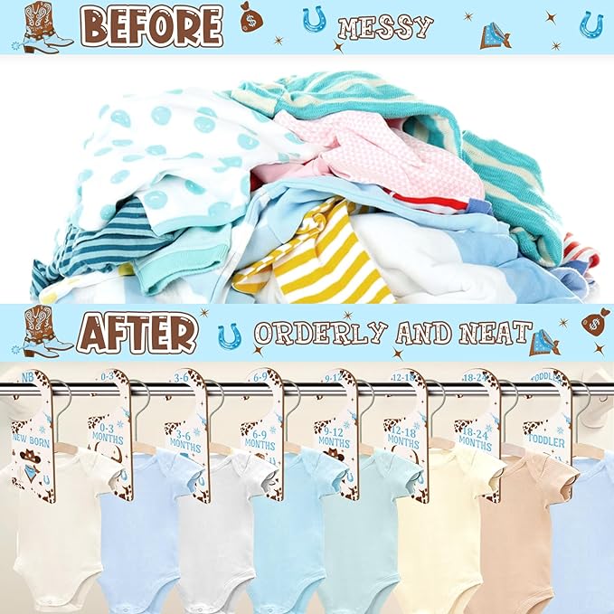 Baby Closet Dividers 8PCS, Western Cowboy Theme Wooden Double-Sided Clothes Size Hanger Organizer from Newborn to Toddler for Nursery Decor Baby Shower Birthday Gift