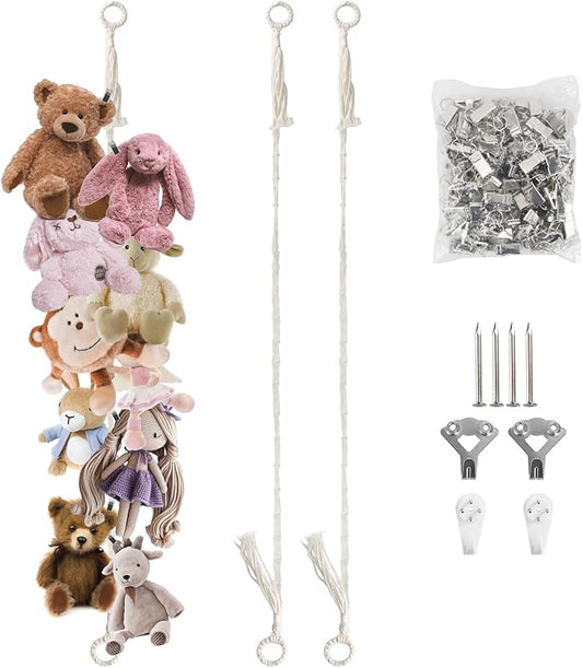 Munzong 2 Pack Beige Hanging Stuffed Animal Storage Chain, 80 Inch Cotton Stuffed Animal Display Holder with 40 Metal Clips for Room Corner Wall Decor Play Room