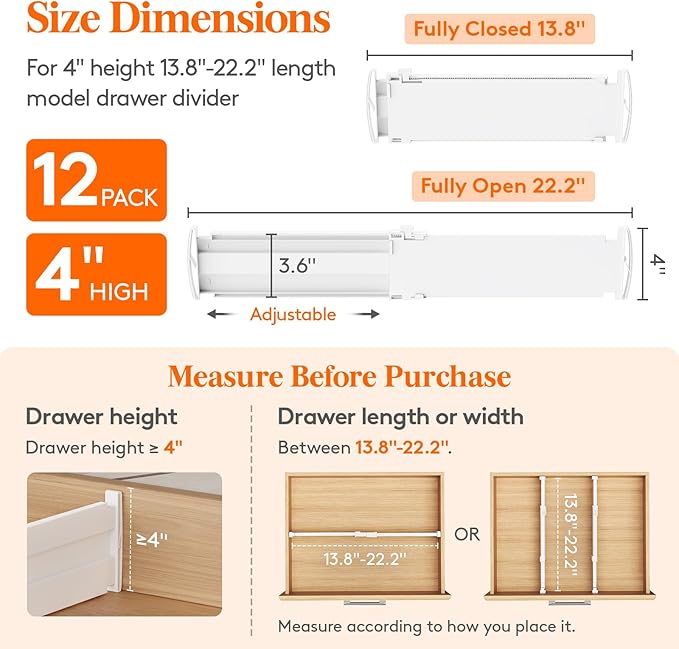 Lifewit 4" Tall 12 Pack Drawer Dividers, 35-56.5cm/13.8-22.2" Expandable Drawer Divider for Clothes, Adjustable Dresser Drawer Organizers, Drawers Separators for Dresser/Bathroom/Closet/Kitchen White