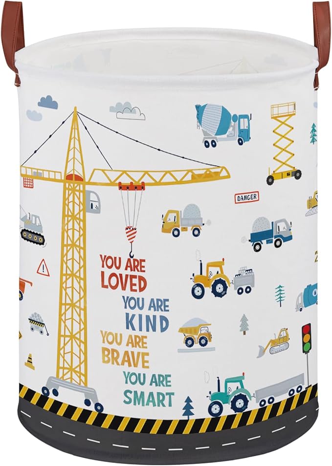 Construction Decor for Boys Room Laundry Basket,Trucks Toddler Kid Laundry Hamper, Car Excavators Baby Dirty Clothes Basket,Toy Organizer Bin (Yellow Construction)
