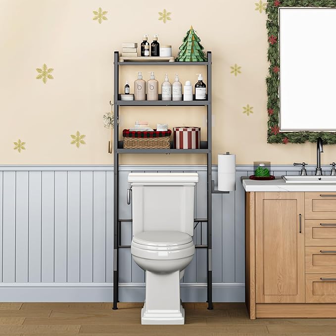 Over The Toilet Storage Shelf - 3-Tier Adjustable Black Metal Bathroom Organizer (21.6”-26.8") No Drilling Required, Space-Saving with Paper Holder & 4 Hooks for Small Spaces