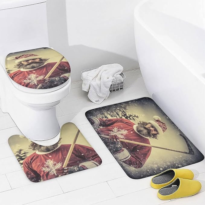 4 Pcs Shower Curtain Set Santa Claus Playing Hockey Ice Skate Sport Bathroom Shower Curtain Set with Rugs Ice Sports Games Shower Curtain with 12 Hooks for Bathroom Decor 72inch X 72inch