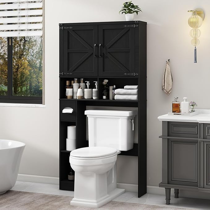 Vabches Over The Toilet Storage Cabinet, Farmhouse Storage Cabinet Over Toilet with 2 Barn Doors && Toilet Paper Holder Stand，Home Space-Saving Toilet Rack, for Laundry, Restroom, Bathroom.Pure Black