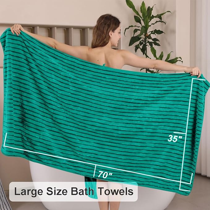 4 Pcs Blue Green Cabana Stripe Large Bath Towels 35"x70" Oversized Bath Sheet Soft Breathable Jumbo Bathroom Towels Highly Absorbent Shower Towel Quick Dry Beach Chair Towel Spa Gym Hotel Towel Set