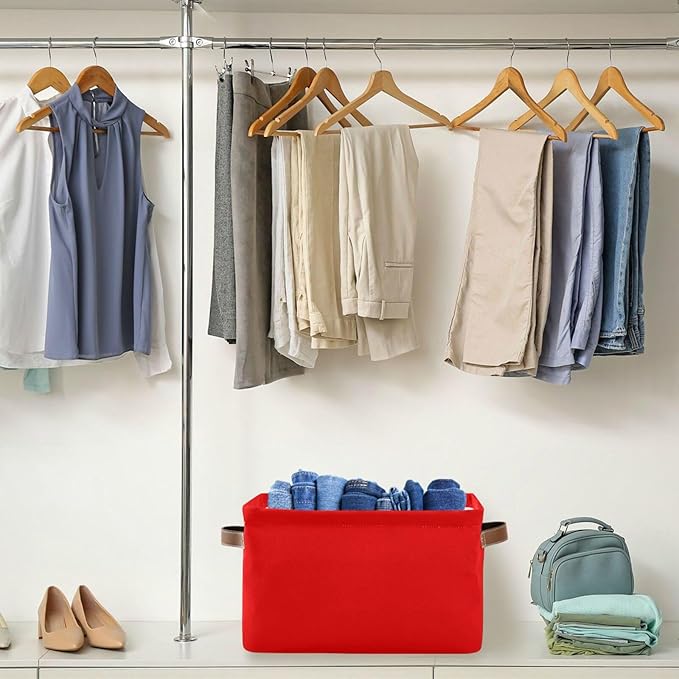 YETTASBIN Red Solid Color Storage Basket 2pc, Large Collapsible Toys Clothes Organizer, Durable Canvas Storage Bin with Handle for Shelves Closet Laundry Home Office Decor
