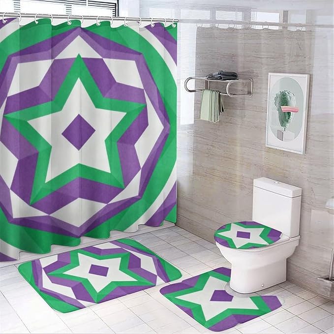 4 Piece Bathroom Rug Set with Shower Curtain, Non-Slip Bath Mat Toilet Cover Set, Curve Bathroom Rug Sets