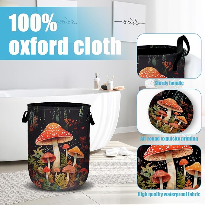 Mushrooms Forest Laundry Basket, Laundry Hamper Collapsible Oxford Cloth with Handle Clothes Toy Storage Bin for Bathroom Laundry Room Bedroom 15.7 X 20 Inch