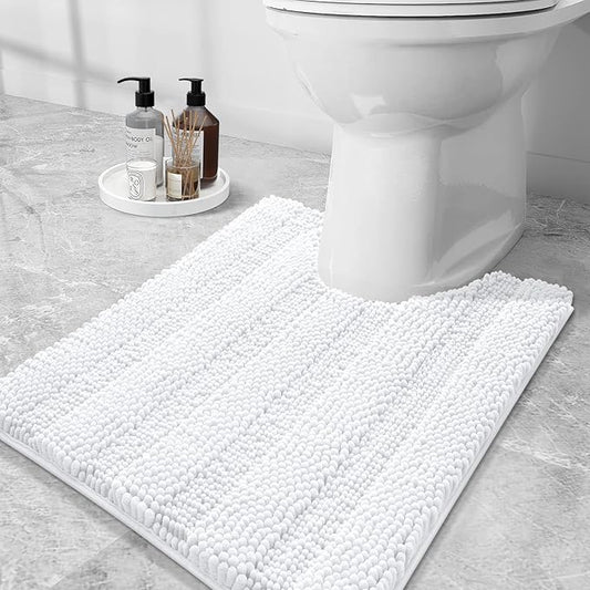 Grandaily Chenille Striped Toilet Rugs U-Shaped 24x20, Extra Soft and Absorbent Bathroom Rugs, Non-Slip Plush Shaggy Bath Rug, Machine Washable Contour Bath Mats for Toilet Base, White