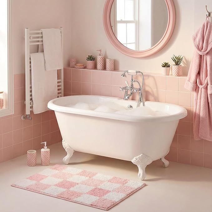 GRANNY SAYS Checkered Pink Bathroom Rugs Decor, 24" x 16", Fluffy Rug, Absorbent Microfiber Ultra Soft Bath Mat Washable, Non-Slip Bath Mats for Bathroom, Cute Floor Mat for Tub, Shower, Bedroom