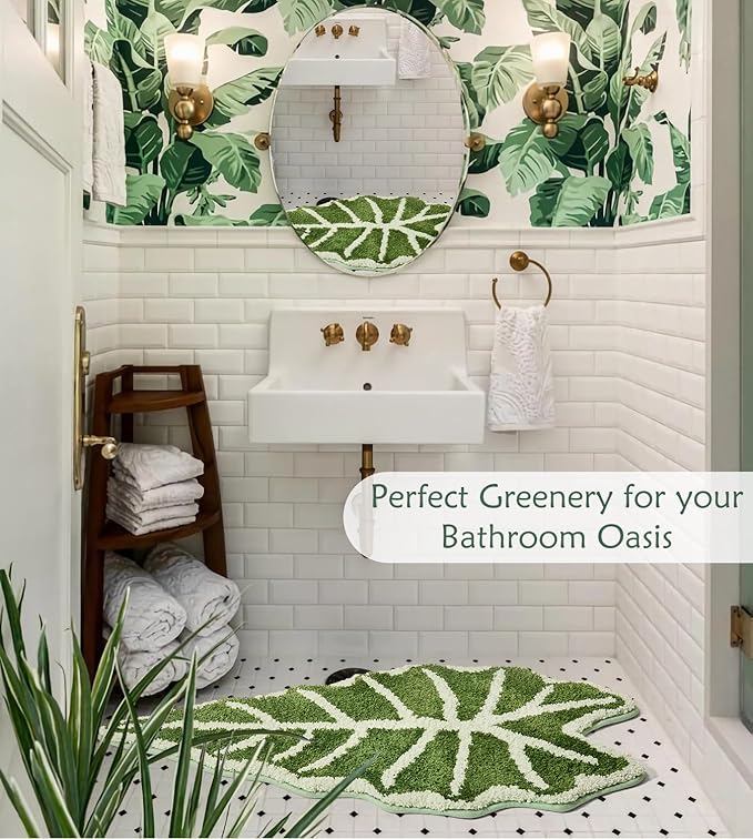 Green Leaf Bathroom Rugs-Tropical Leaves Shaped Bath Mat for Cute Bathroom Decor Alocasia Leaf Plant Rug for Boho Bedroom Washable Sage Green Shower Mat 20''x35.5''