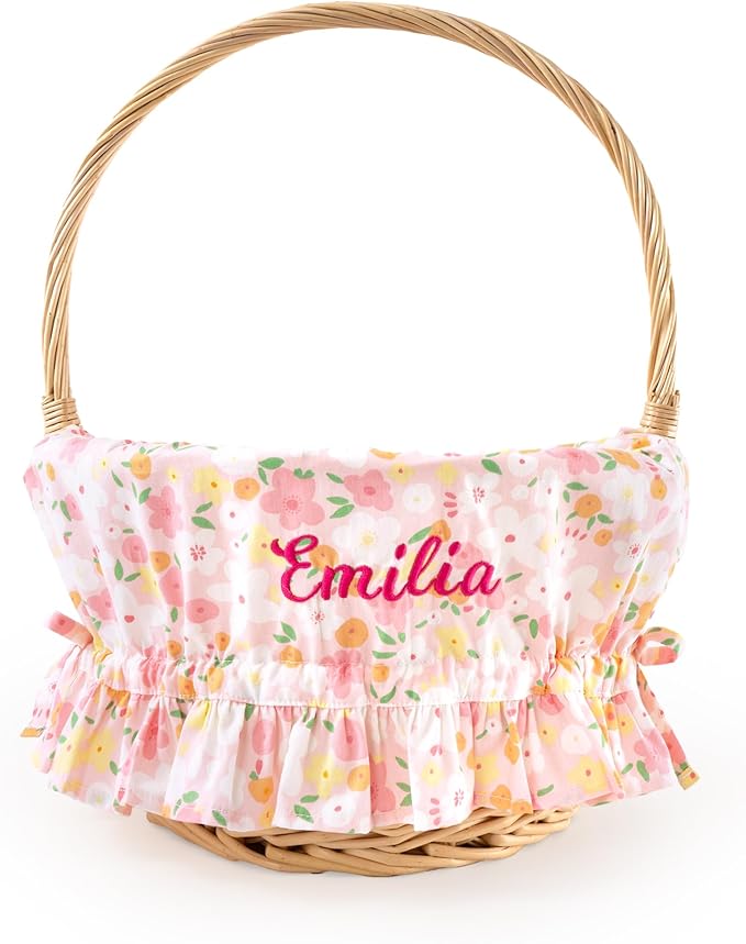 MT WORLD Kids Easter Basket Liner Only Personalized Flower Easter Basket Liner with Embroidered Name Custom Easter Gift for Toddler Girls Baby First Easter Gifts