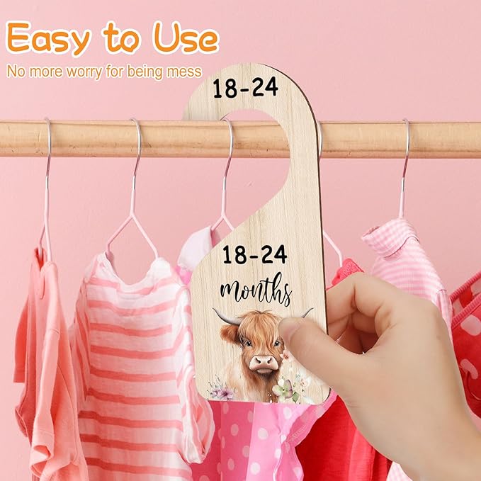 RattanView 7 Pcs Highland Cow Baby Closet Dividers for Clothes Organizer Double Sided Wooden Nursery Closet Dividers for Baby Boy Girl Newborn to 24 Months Home Nursery Supplies