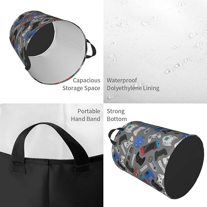 Video Game Controller Grey Background Round Laundry Hamper Gaming Theme Storage Basket Toys Clothes Organizer Bin For Home Bathroom Bedroom Dorm Nursery, 62l