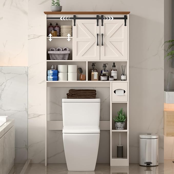Over The Toilet Storage Cabinet,Farmhouse Space-Saving Toilet Rack With 2 Sliding Barn Doors,Bathroom Organizer with Toilet Paper Holder Stand & Storage Shelves,for Laundry, Restroom, Bathroom