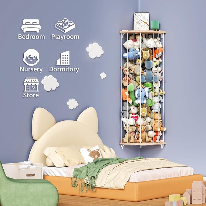 Corner Stuffed Animal Storage Zoo – Adjustable Natural Solid Wood Toy Organizer & Teddy Bear Holder – Large Wall Plushie Cage Shelf with Reinforced Star & Moon Cutouts for Nursery Kids Room