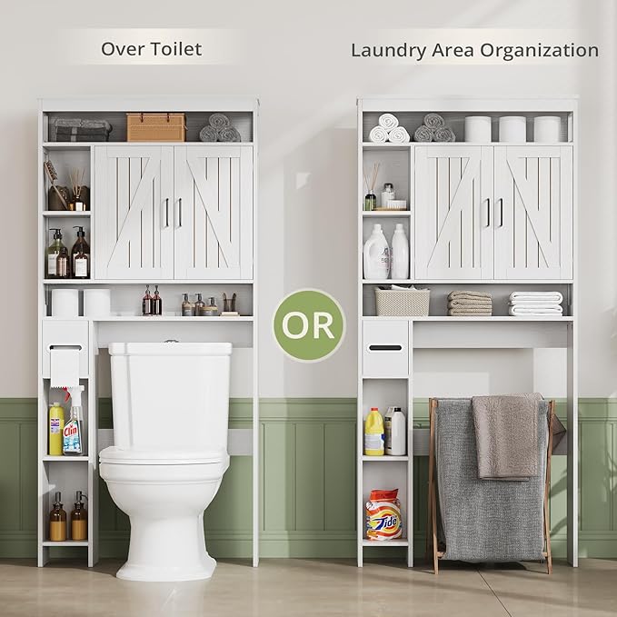 Over The Toilet Storage Cabinet, Farmhouse Storage Cabinet Over Toilet with 2 Barn Door & Toilet Paper Holder Stand, Freestanding Space-Saving Toilet Storage Rack for Bathroom Laundry, White