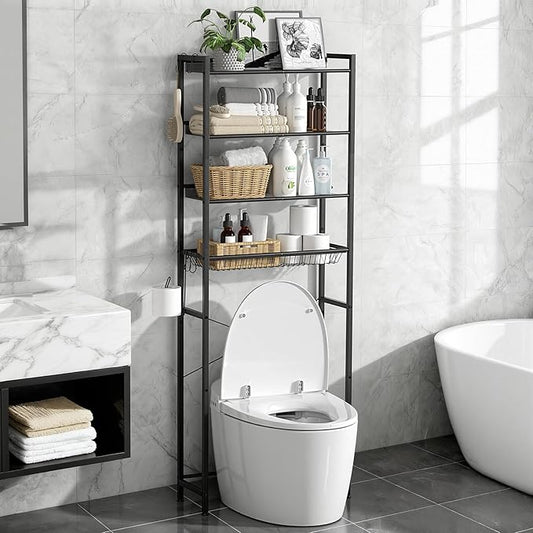 4 Tier Over The Toilet Storage Rack, Bathroom Organizer Shelf Over Toilet with 4 Hook and Roll Holder, Space Save Freestanding Metal Bathroom Shelves
