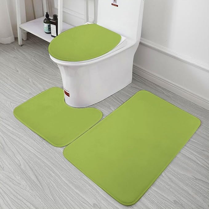 3 Pieces Bath Rug Sets, Lime Green Trend Color Bathroom Mat Set Non Slip U Shaped Contour Rug & Toilet Lid Cover