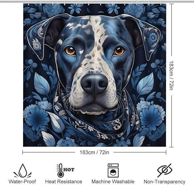 4Pcs Shower Curtain Set with Rugs Dog Wearing Scarf Bathroom Decor Set with Non-Slip Rugs Toilet Lid Cover and Bath Mat Pet Dog Lover Gift Funny Sayings Words Bathroom Shower Curtains Sets