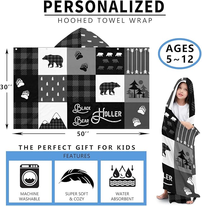 Hooded Bath Towels for Kids, Buffalo Bears Mountains Black Personalized Towel for Swimming Robe | Bathing | Beach | Birthday Gifts