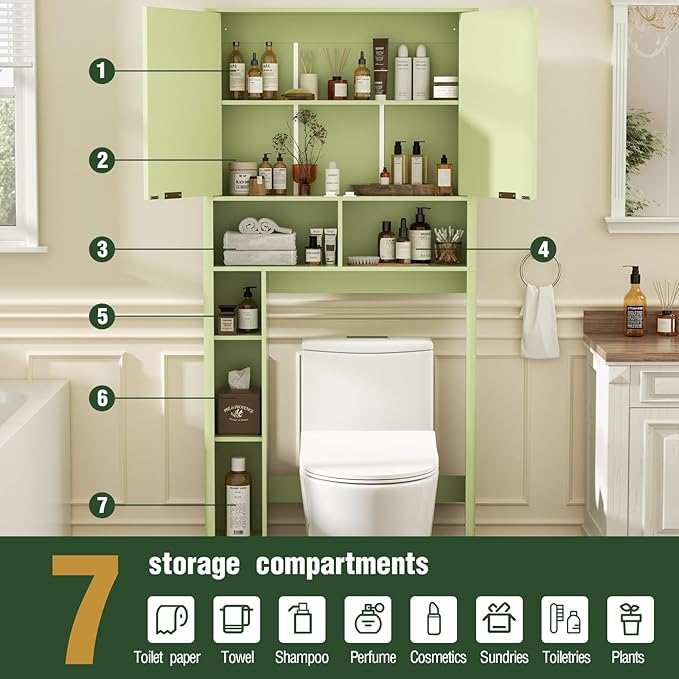 31" W Over The Toilet Storage Cabinet with Fluted Door, Green Bathroom Organizer with Adjustable Shelf, 67''H Tall Natural Toilet Paper Holder Stand Wave Door for Restroom, Laundry Room