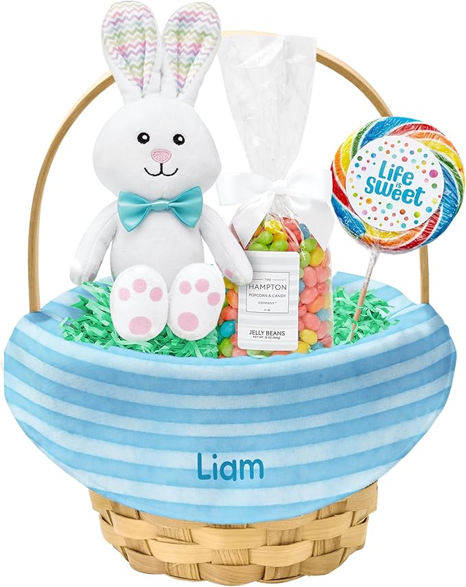 Let's Make Memories Personalized Easter Basket for Kids- For Boys - For Girls - Create Your Own - Fillable - Wicker - Easter Basket Stuffers - Small - Blue Watercolor Stripes