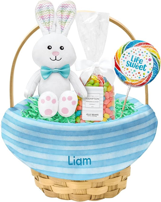 Let's Make Memories Personalized Easter Basket for Kids- For Boys - For Girls - Create Your Own - Fillable - Wicker - Easter Basket Stuffers - Small - Blue Watercolor Stripes