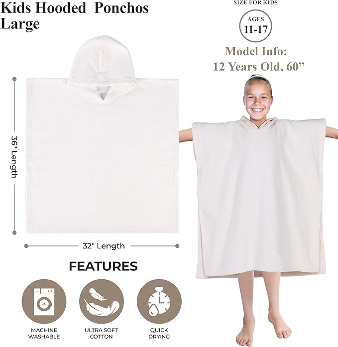 Superior Kids Cotton Terry Poncho, Soft, Absorbent Bath Towel with Hood, Bathroom Accessories, Long, Plush Bathrobes for Bath, Shower, Spa, Resort, Hotel, Beach, Pool, Boy, Girl, Large Size, Ivory