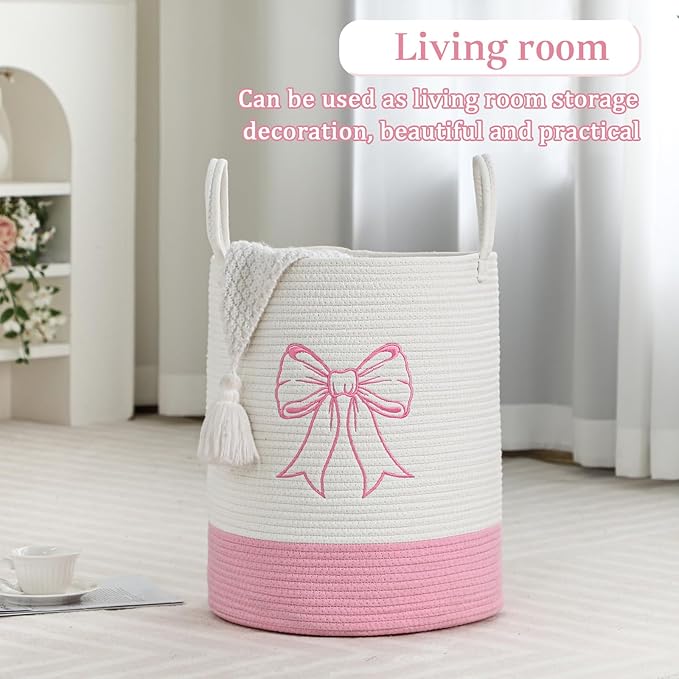 Honeydak Pink Bow Cotton Rope Laundry Basket Hamper Large Laundry Basket Hamper Coquette Bow Room Decor for Girls Girly Nursery Storage Bin Tall Round Organizer for Blanket Toys Clothes