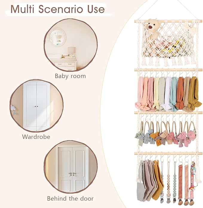 POVETIRE Headband Holder Hair Bow Organizer for Girls, Macrame Bow Holder Hair Accessories Organizer Storage Large Capacity Wall Hanging for Toddler Girl Nursery Room Decor