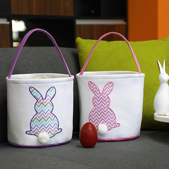 MONOBLANKS Easter Bunny Basket Bags, Rabbit Bucket Tote for Easter Egg Hunts Decorations Candy Gifts Storage (Purple(wave))