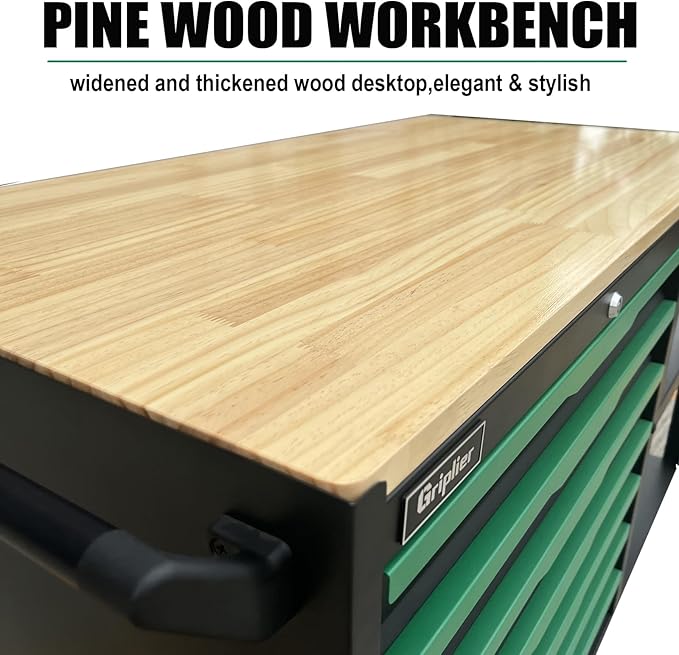 7-Drawers Professional Tool Cart Cabinet,Rolling Tool Chest with Double Shelves,Wood Workbench,51.1W x 18.9D x 32.3H inches for Garage, Workshop, or Outdoor Use(7 Drawers + 258 Pieces Tool)