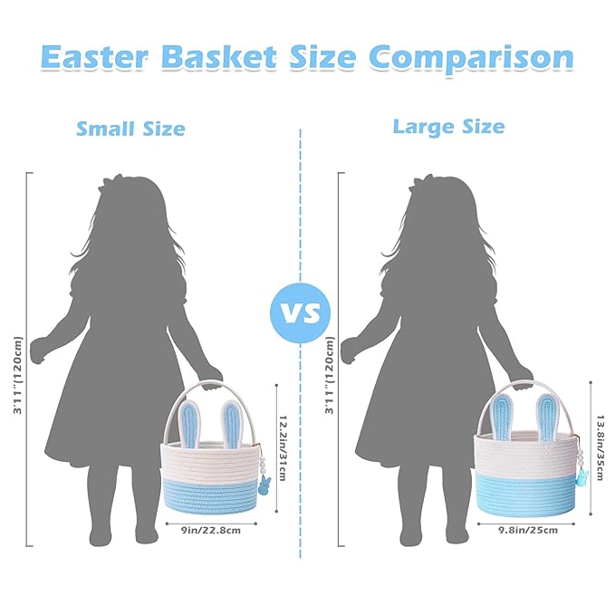 Easter Baskets for Kids, Small Bunny Personalized Easter Basket Empty with Handle, Basket Name Tags, Woven Rope Baby Easter Egg Baskets for Babies Girls Boys Toddler Infant, 9" x 9" x 6.3"