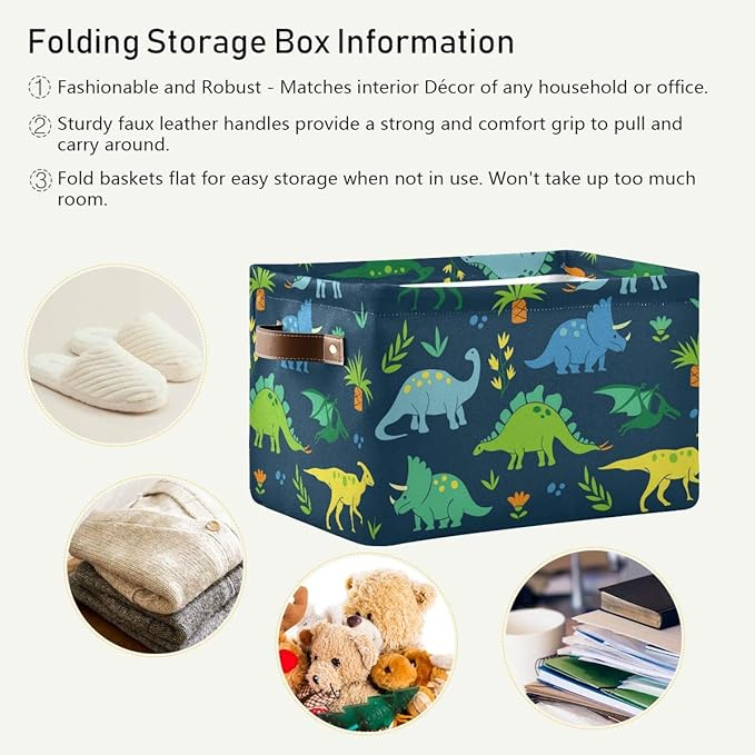 Rectangular Storage Bin Dinosaur Basket with Handles - Organizer Bin for Toys, Books, Laundry Basket for Kids/Pets, Playroom